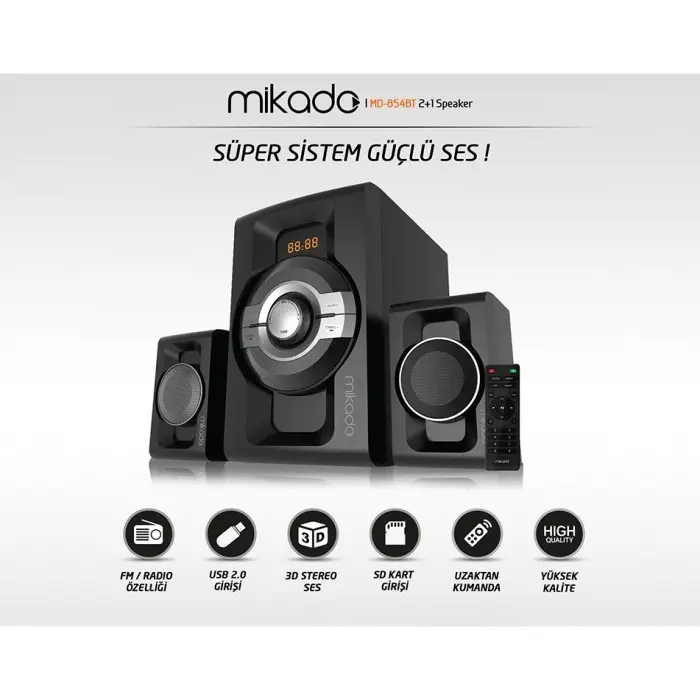 Mikado MD-854BT 2+1 Usb+SD+Fm+Bluetooth Destekli Speaker