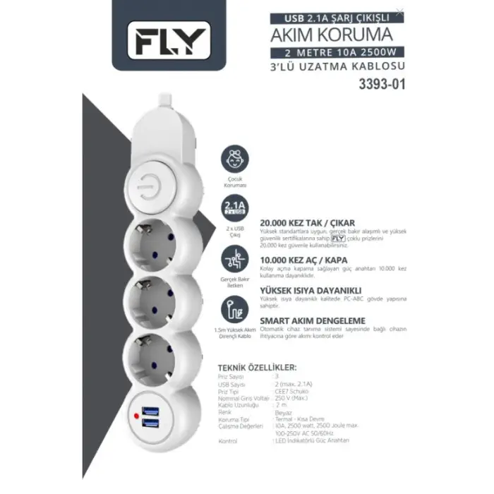 FLY 3393-01 2xUSB 3`lü  2 Metre Kablolu 2.1A Termal Akım Korumalı Priz