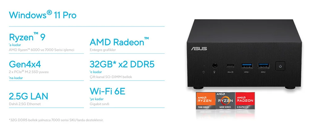 ASUS PN53-BBR575HD AMD Ryzen 5 R5-7535HS Barebone FreeDOS Mini Masaüstü PC