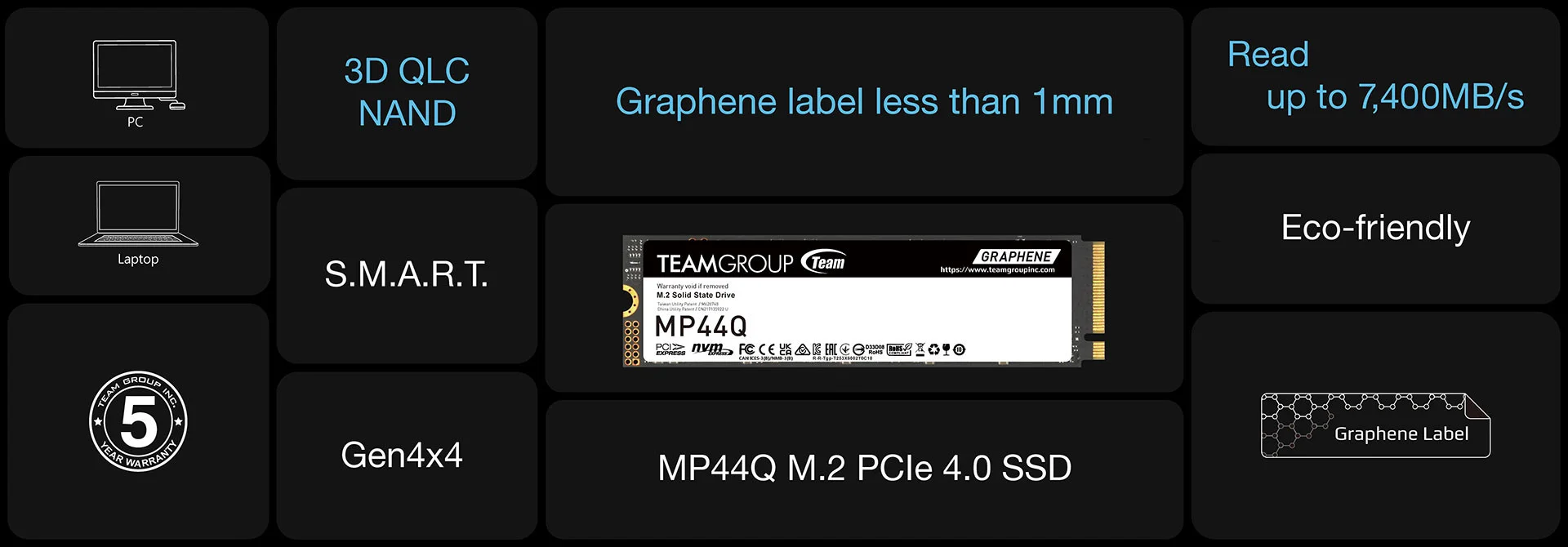 Team MP44Q 2TB Gen4x4 7400/6500MB/s NVMe PCIe M.2 SSD Disk