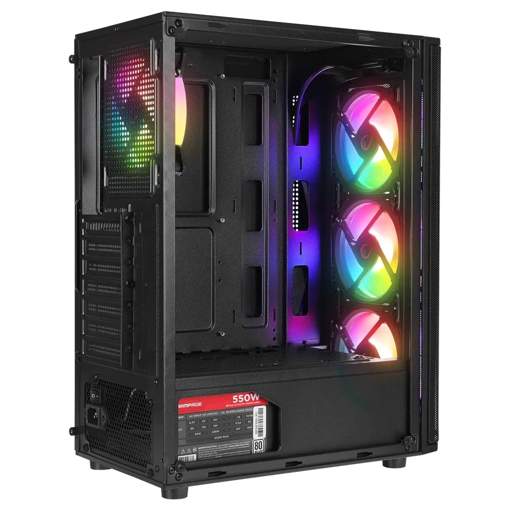 Rampage Helios Mesh 550W 80+ Bronze Siyah Temperli Cam 4x12cm Rainbow ATX Mid-Tower Gaming Kasası