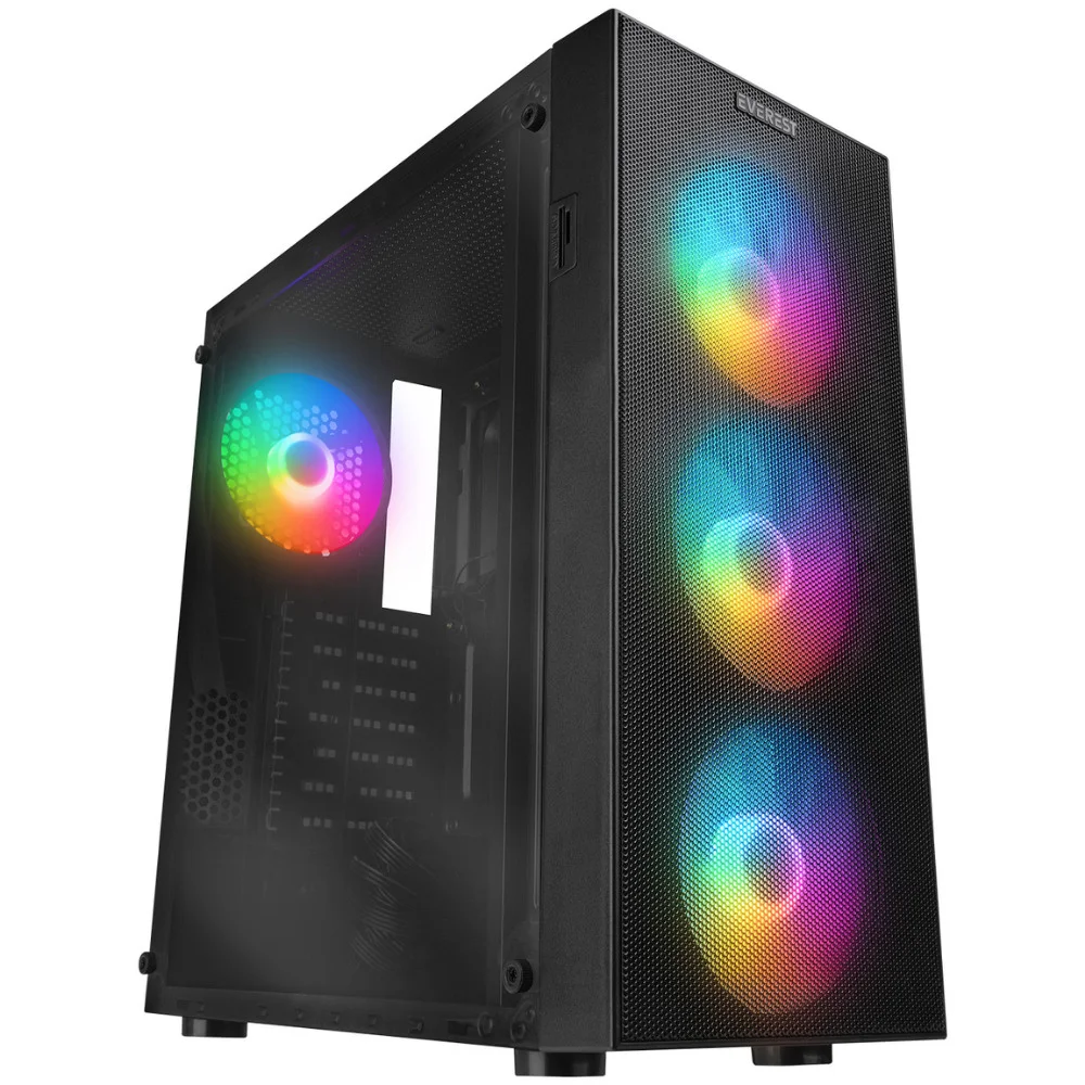 Everest Faced V1 Mesh Siyah Temperli Camlı 4x12cm Sabit Rainbow Fanlı ATX Mid-Tower Gaming Kasası