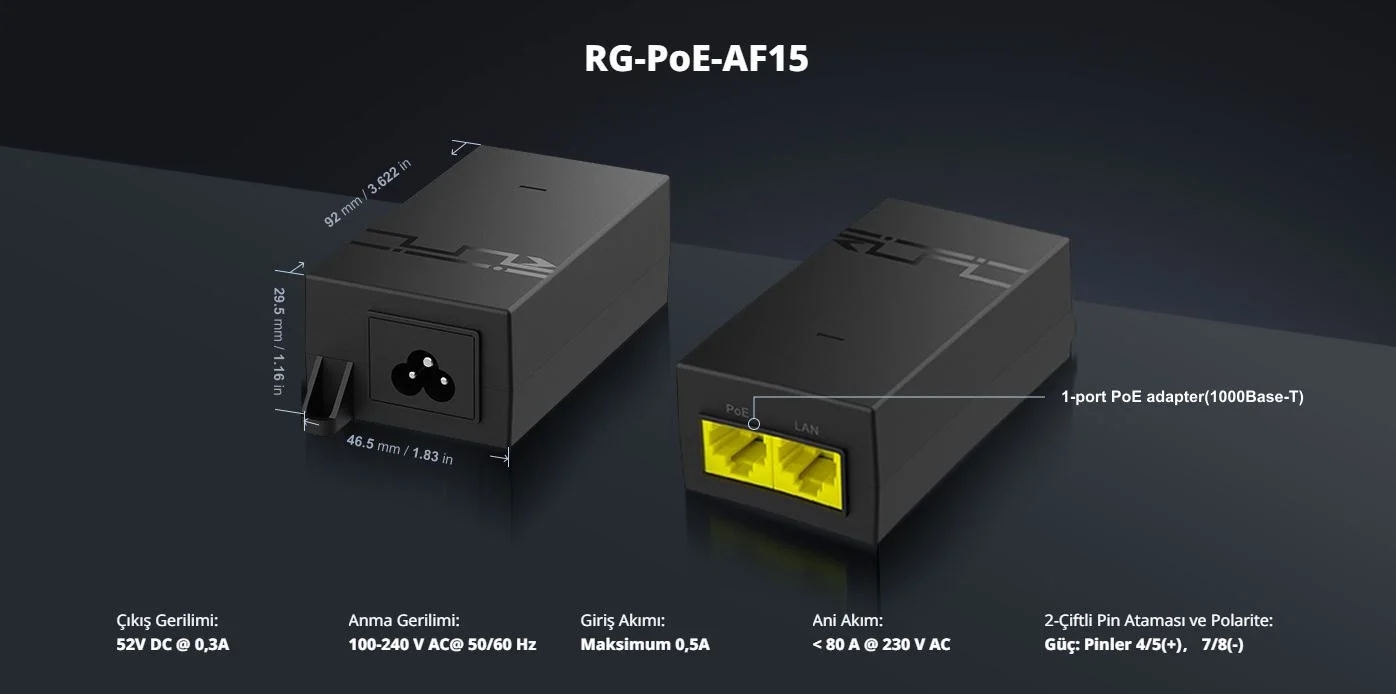 Ruijie - Reyee RG-POE-AF15 1 Portu 52V 15,6W PoE Adaptör