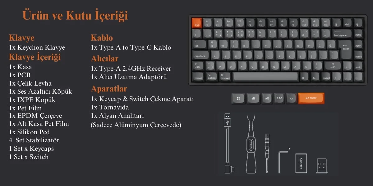 Keychron K2 Max %75 RGB Brown Switch Kablosuz Türkçe Mekanik Karbon Siyah Gaming Klavye