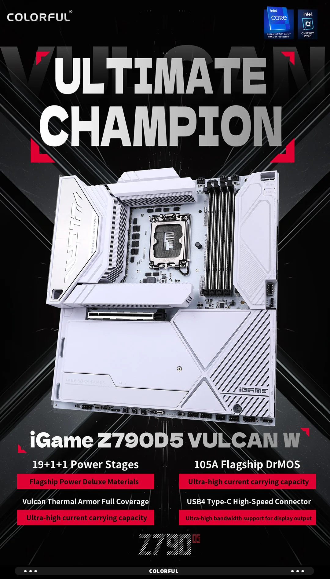 COLORFUL iGame Z790 VULCAN W V20 DDR5 8800Mhz (OC) E-ATX LGA1700 Gaming Anakart