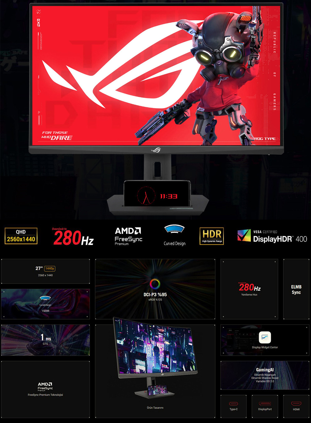 ASUS ROG Strix XG27WCMS 27″ 280Hz 1ms QHD Adaptive-Sync VA Gaming (Oyuncu)  Monitör