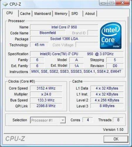 INTEL CORE I7 950 3.06GHz 4.8GT/s 8MB 64BIT 1366p