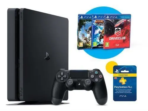 Sony PS4 500GB Slim Kasa Oyun Konsolu+Horizon Zero Dawn+Driveclub+Ratchet And Clank+3 Aylık PS Plus Üyelik Hediye(İthalatçı Firma Garantili)