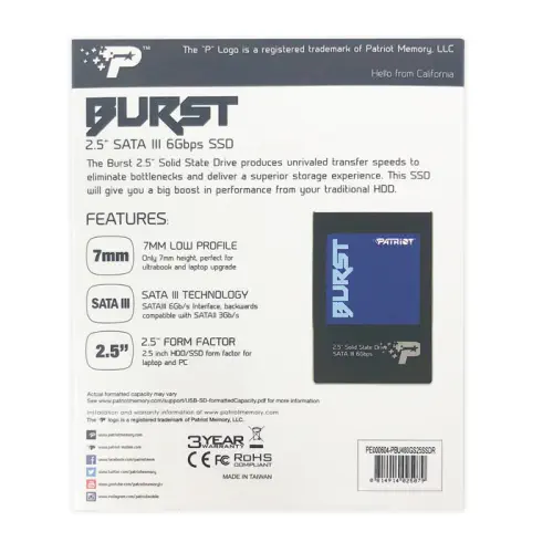 Patriot Burst PBU480GS25SSDR 480GB 560/540MB/s 2.5″ SATA 3 SSD Disk
