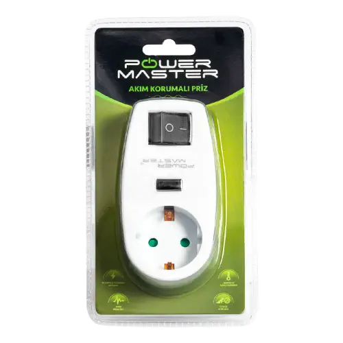 Powermaster PM-18522 Anahtarlı Tekli Akım Korumalı Priz