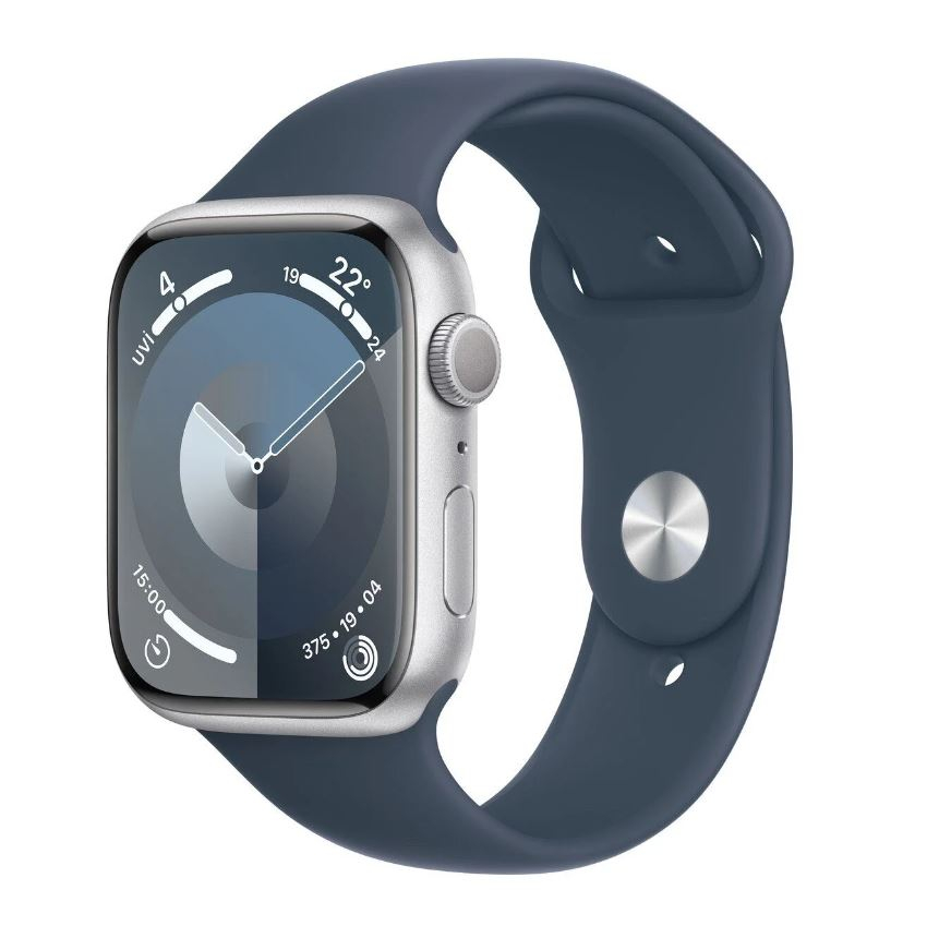 Apple Watch Series 9 GPS 45mm Gümüş Rengi Alüminyum Kasa ve Fırtına Mavisi Spor Kordon - M/L - MR9E3TU/A