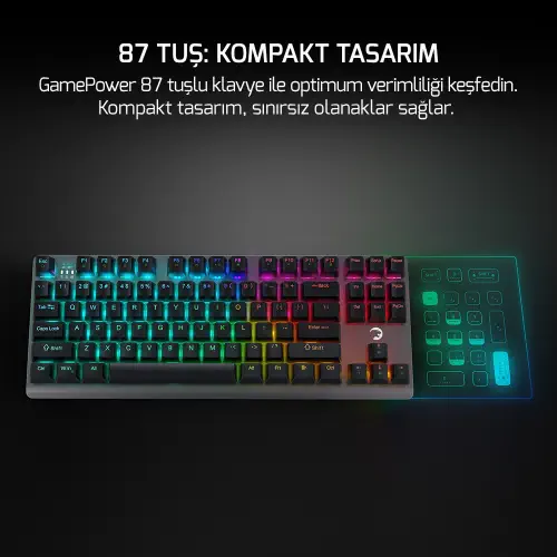 GamePower Eva 7 60M Mekanik Kablolu, 2.4Ghz, Bluetooth 3 Mod Red Switch Türkçe Q 88 Tuş RGB Gaming Klavye - 3 Yıl Garantili