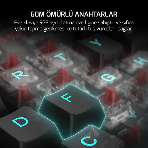 GamePower Eva 7 60M Mekanik Kablolu, 2.4Ghz, Bluetooth 3 Mod Red Switch Türkçe Q 88 Tuş RGB Gaming Klavye - 3 Yıl Garantili