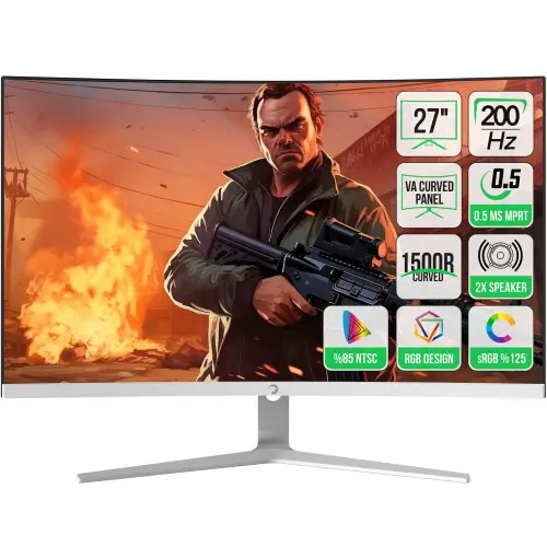 GamePower Vivid T50 27″ 1500R Curved RGB Beyaz 200Hz 0.5ms FHD 2x2W Speaker VA Gaming Monitör (Sıfır Ölü Piksel Garantili)