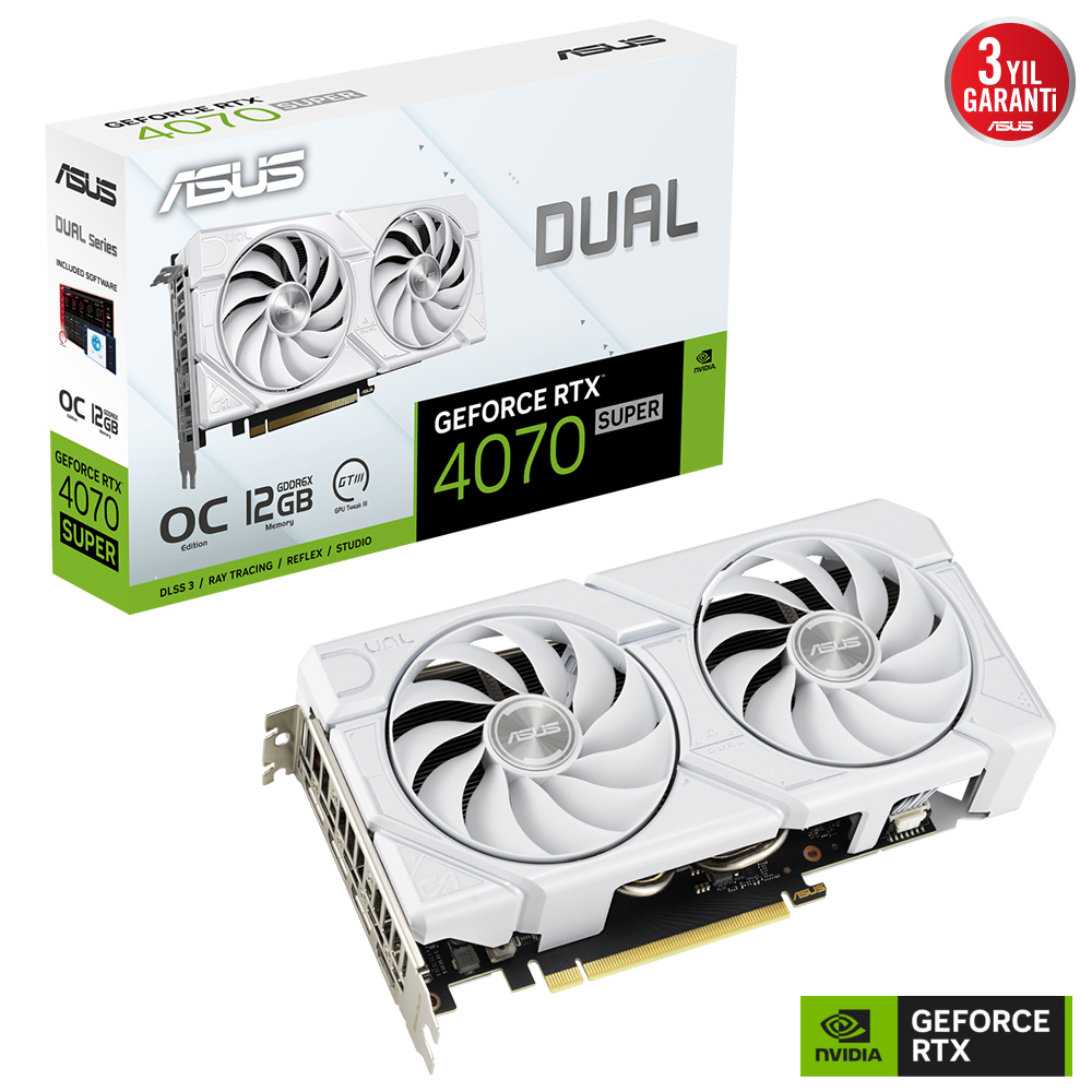 ASUS Dual GeForce RTX 4070 SUPER EVO White OC Edition 12GB GDDR6X 192Bit DX12 DLSS 3 Gaming (Oyuncu) Ekran Kartı
