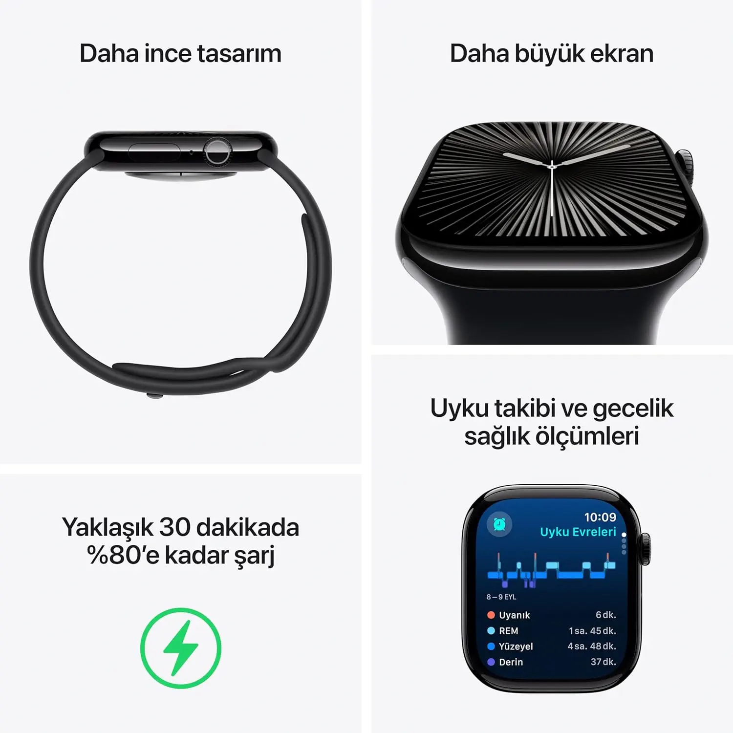 Apple Watch Series 10 GPS 42mm Siyah Alüminyum Kasa ve Siyah Spor Kordon Akıllı Saat M/L - MWWF3TU/A