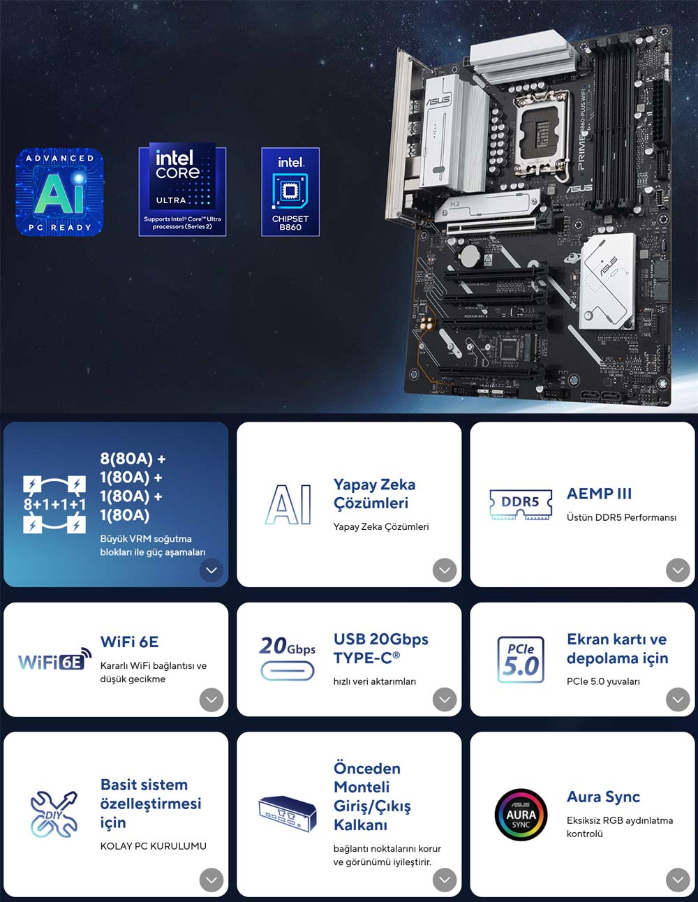 ASUS TUF B860-Plus WIFI Intel B860 Soket 1851 DDR5 8200+(OC)MHz ATX Gaming (Oyuncu) Anakart