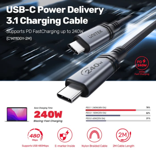 Unitek Type-C to Type-C (240W) 2Mt Hızlı Şarj Kablosu (C14110GY-2M)