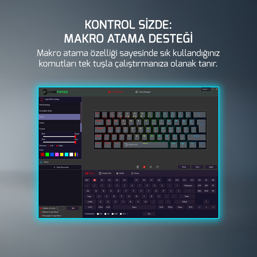 GamePower Lyra RGB 60M 62Tuş Siyah Mekanik Kablolu Blue Switch Klavye - 3 Yıl Garantili