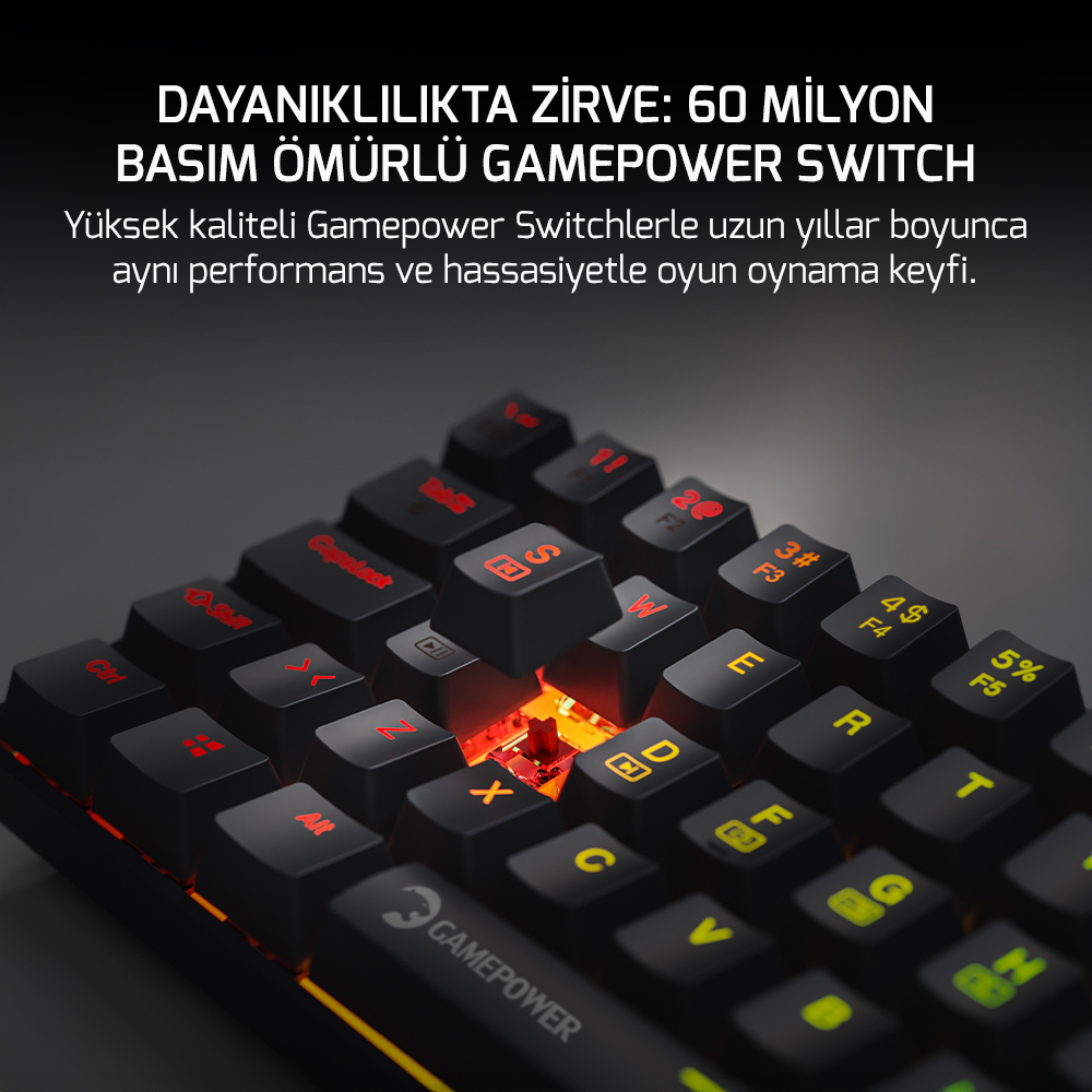 GamePower Lyra RGB 60M 62Tuş Siyah Mekanik Kablolu Blue Switch Klavye - 3 Yıl Garantili